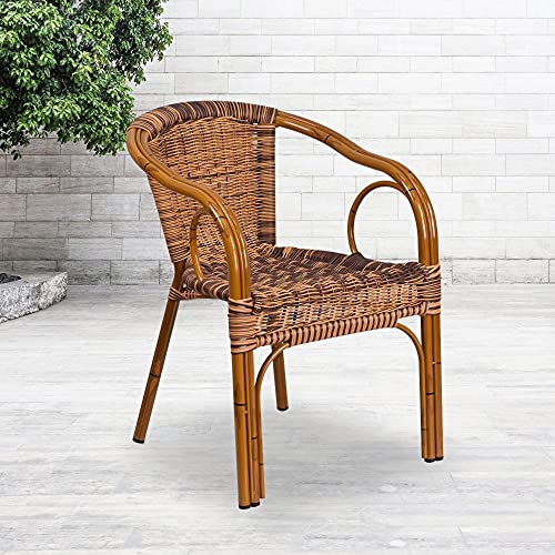Flash Furniture 3-pakowe krzesło restauracyjne z rattanu w kolorze płonącego brązu z serii Cadiz z ciemnoczerwoną ramą z bambusa i aluminium