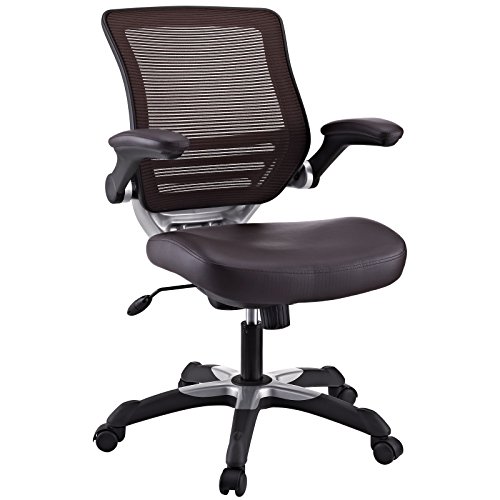 Modway Krzesło biurowe z oparciem Edge Mesh i białym siedziskiem ze skóry wegańskiej z podnoszonymi ramionami – biurka komputerowe w kolorze brązowym