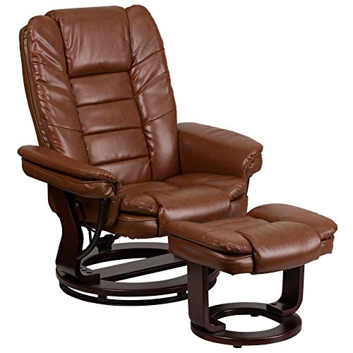 Flash Furniture Współczesny wielopozycyjny fotel rozkładany z poziomymi przeszyciami i otomaną z obrotową podstawą z drewna mahoniowego w brązowej skórze vintage