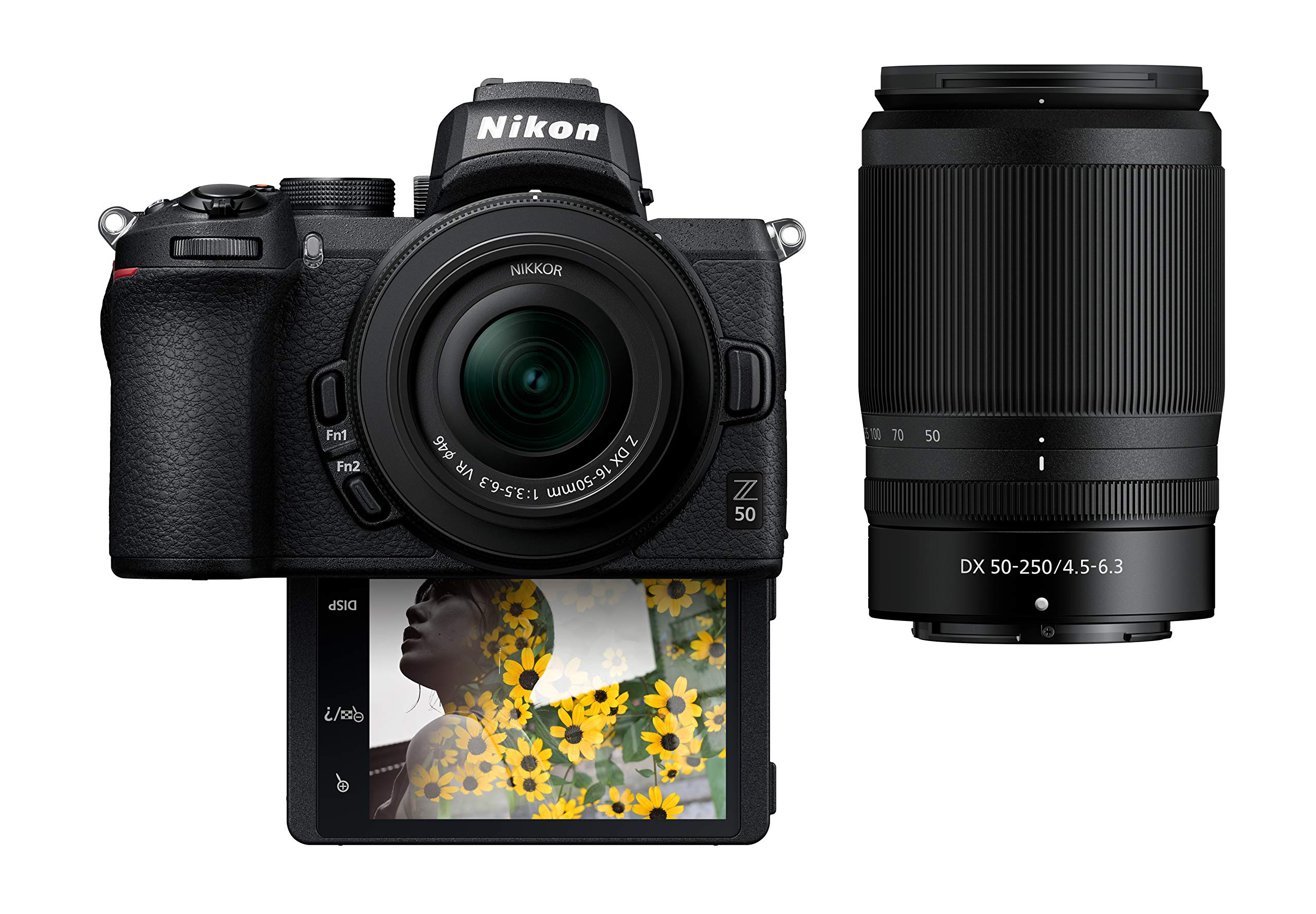  Nikon Kompaktowy bezlusterkowy aparat cyfrowy Z50 z klapką pod wyświetlaczem LCD do selfie/vloggera | Zestaw obiektywów zmiennoogniskowych 2 zawiera: NIKKOR Z DX 16-50mm f/3.5-6.3 VR i NIKKOR Z DX...