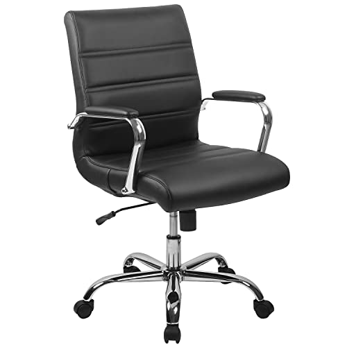 Flash Furniture Krzesło biurowe ze środkowym oparciem – czarne obrotowe krzesło biurowe LeatherSoft z chromowaną ramą – krzesło obrotowe