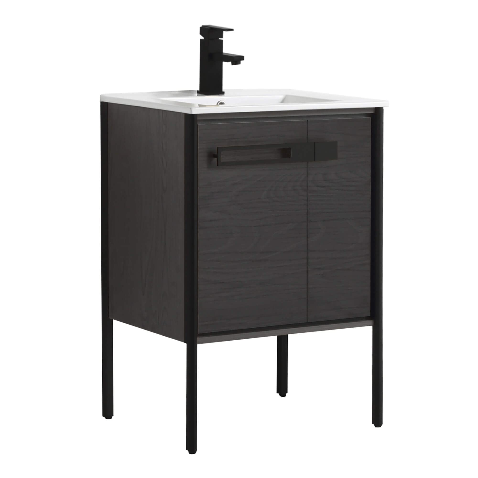 Fine Fixtures Oakville 24 in. W x 18 in. D x 33 in. H Bathroom Vanity in Black Coal Oak with White Ceramic Sink - Black Hardware