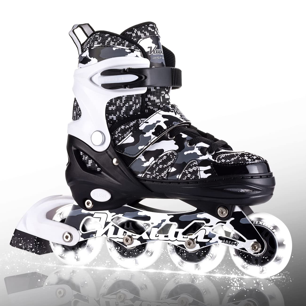 Kuxuan skates Łyżwy Regulowane łyżwy dla dzieci i młodzieży z pełnymi świecącymi kółkami Wrotki Camo Outdoor Łyżwy dla dziewcząt i chłopców Początkujący