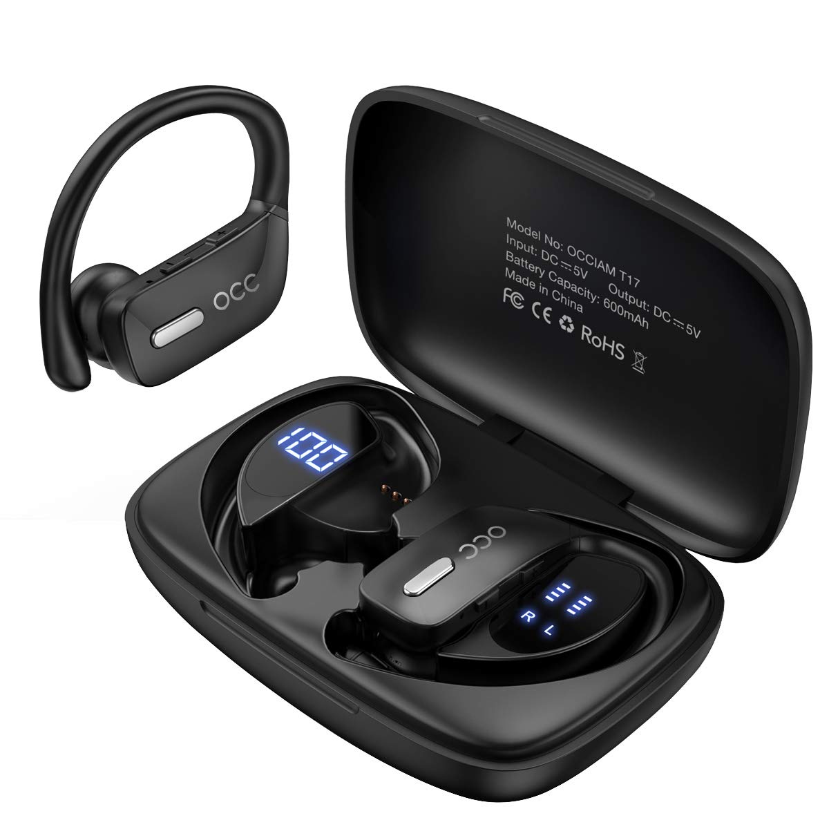 occiam Bezprzewodowe słuchawki douszne Słuchawki Bluetooth 48H Odtwarzanie Słuchawki douszne Wodoodporne z mikrofonem Wyświetlacz LED do uprawiania sportu Bieganie Trening Czarny