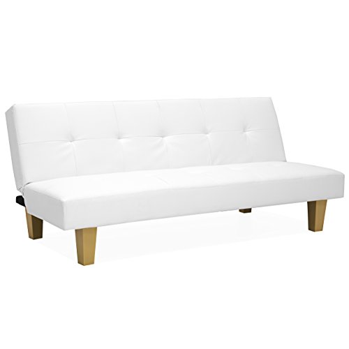 Best Choice Products Tapicerowana rozkładana kanapa ze sztucznej skóry Futon z rozkładaną sofą z solidną drewnianą ramą - biała