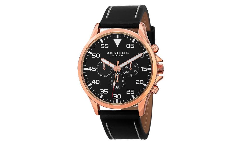 TWI Watches, LLC Akribos XXIV Męski wielofunkcyjny szwajcarski zegarek kwarcowy AK773RGB z czarną tarczą i czarnym skórzanym paskiem z kremowym przeszyciem