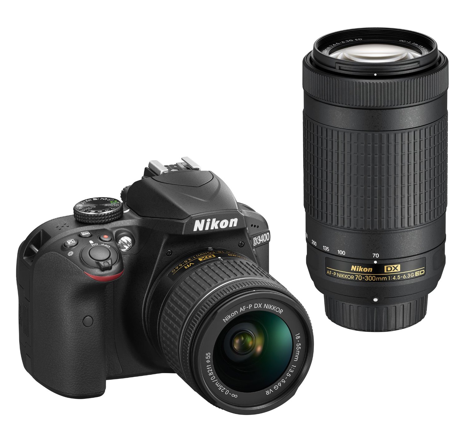 Nikon Aparat DSLR D3400 z obiektywami AF-P DX NIKKOR 18-55mm f/3.5-5.6G VR i AF-P DX NIKKOR 70-300mm f/4.5-6.3G ED
