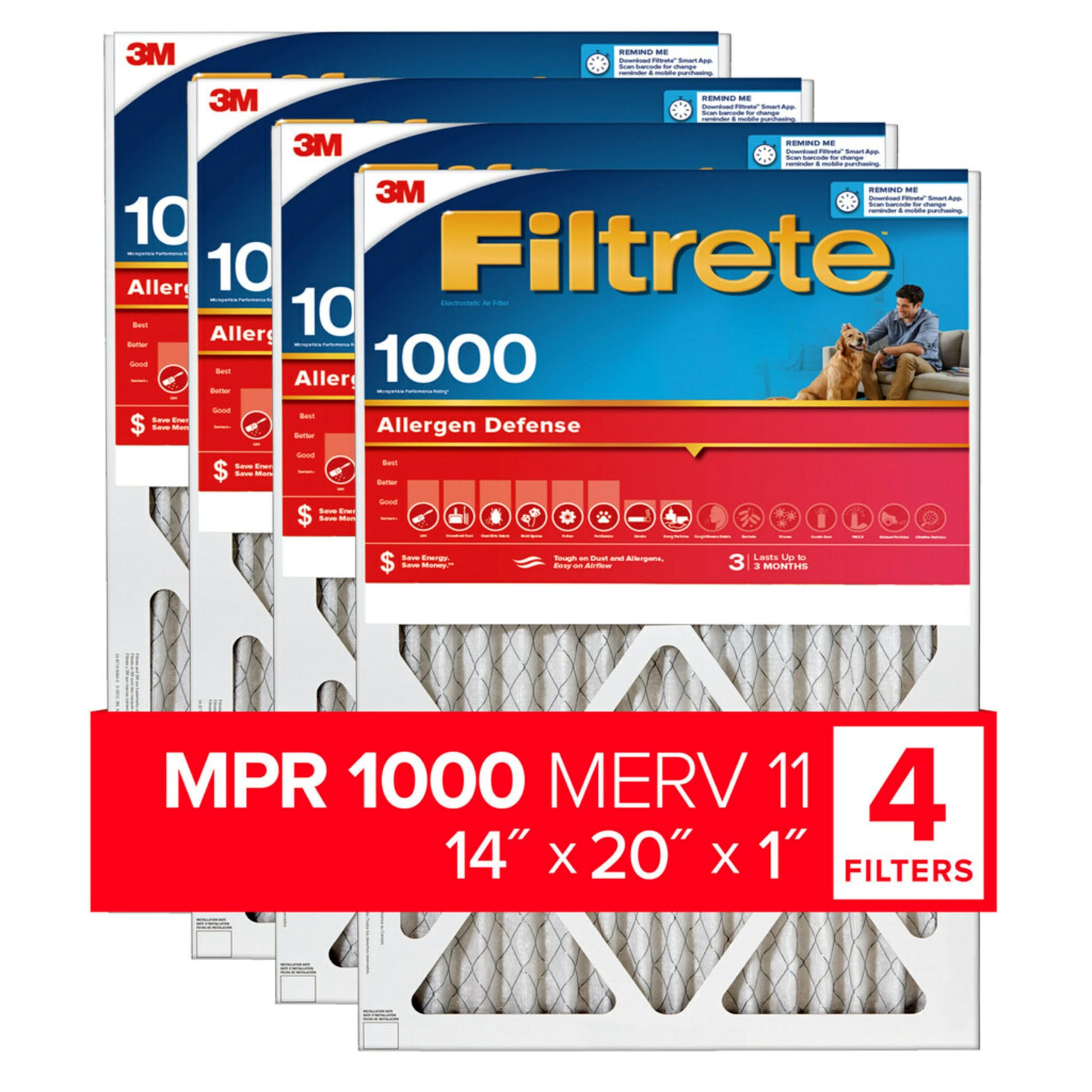 Filtrete 14x20x1 Air Filter, MPR 1000, MERV 11, Micro Allergen Defense 3-Month Pleated 1-Inch Air Filters, 4 Filters