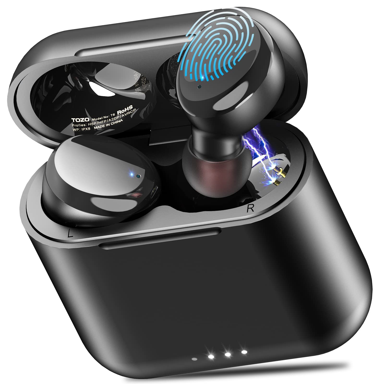  TOZO T6 True Bezprzewodowe słuchawki douszne Słuchawki Bluetooth 5.3 Sterowanie dotykowe z bezprzewodowym etui ładującym IPX8 Wodoodporne słuchawki stereo douszne Wbudowany mikrofon Zestaw słuc...