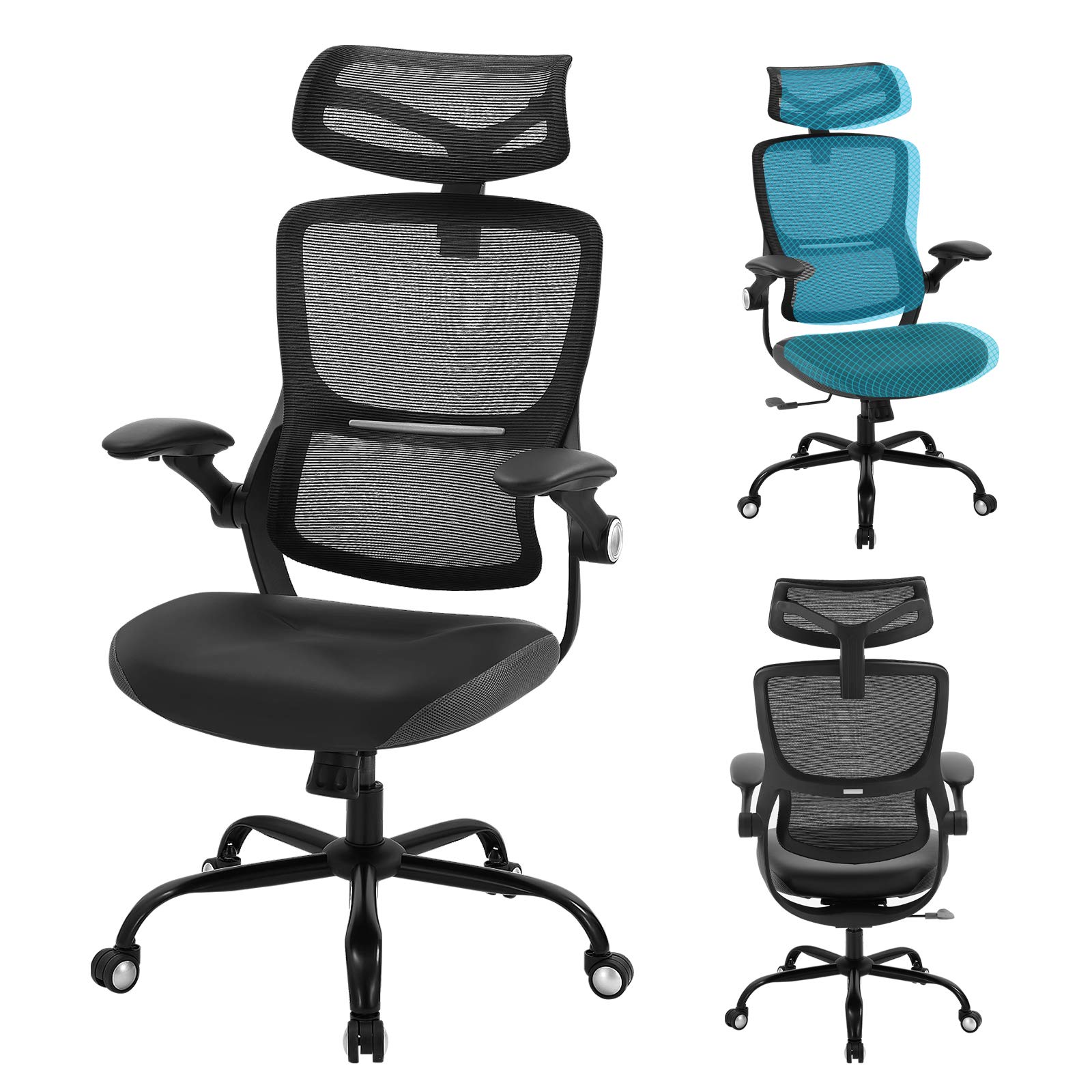 Chairelax Krzesło biurowe Ergonomiczne krzesło biurowe Siatkowe krzesło komputerowe ze środkowym oparciem Regulowane podparcie lędźwiowe i rolowanie stołka