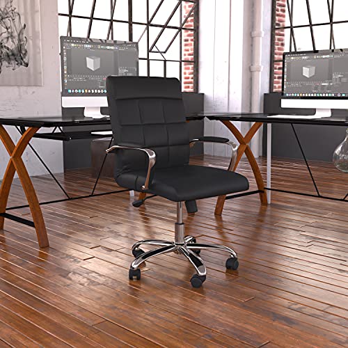 Flash Furniture Obrotowe krzesło biurowe z czarnego winylu ze średnim oparciem i chromowaną podstawą i podłokietnikami
