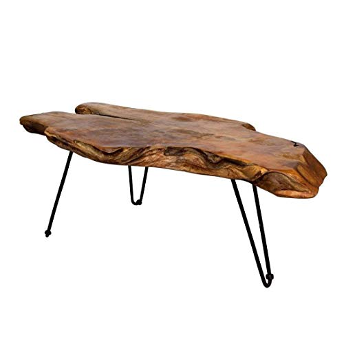 Anya & Niki Badang Rzeźba z naturalnego drewna tekowego. Współczesny stolik kawowy z przezroczystym lakierem i metalowymi nogami w kształcie spinki do salonu
