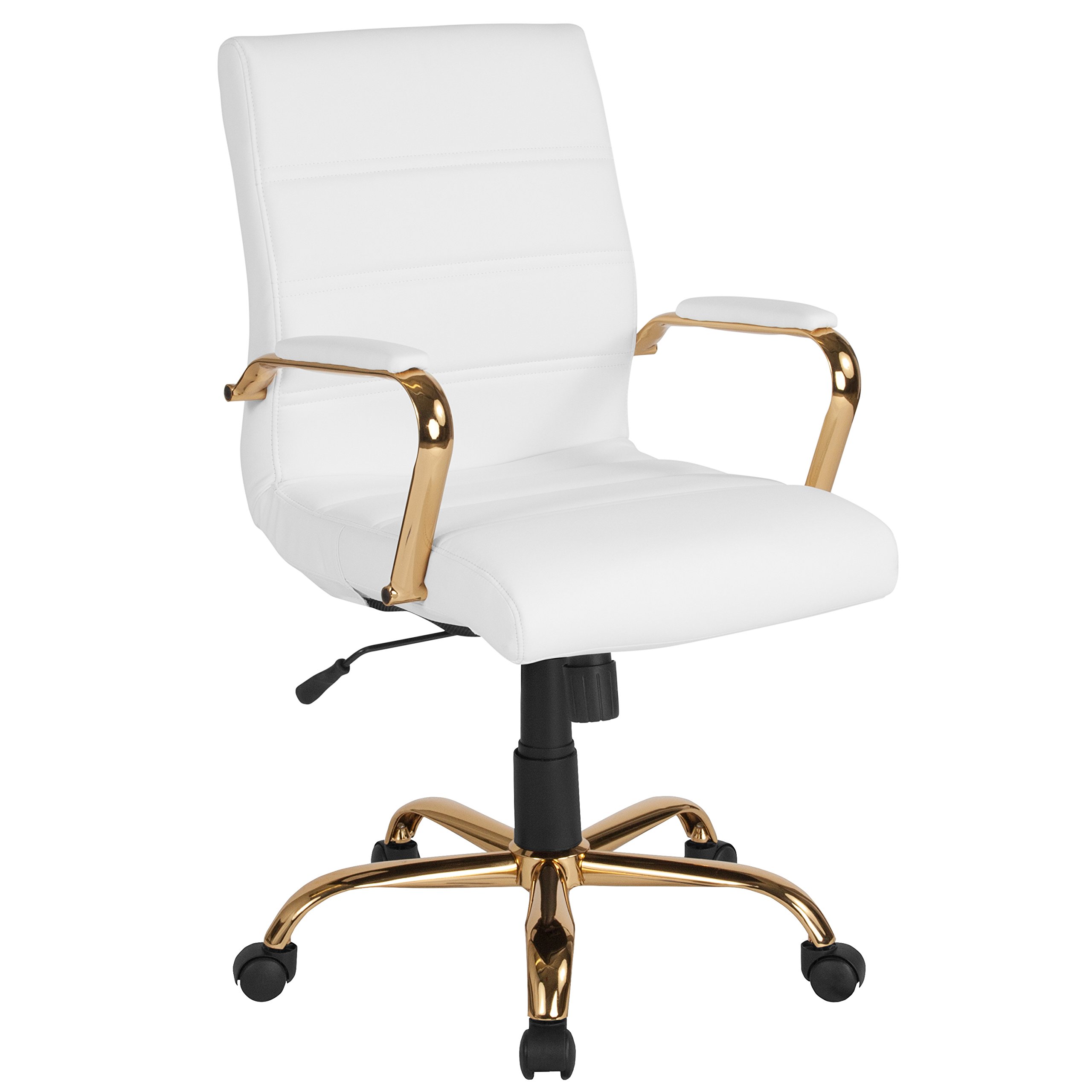 Flash Furniture Krzesło biurowe Whitney ze środkowym oparciem - Obrotowe krzesło biurowe skórzane LeatherSoft ze złotą ramą - Krzesło obrotowe