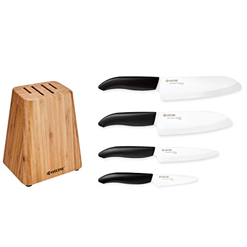 Kyocera Zestaw bambusowych bloczków na noże: zawiera 4-szczelinowy blok bambusowy i 4 zaawansowane noże ceramiczne – FK – Czarna rękojeść/Białe ostrze