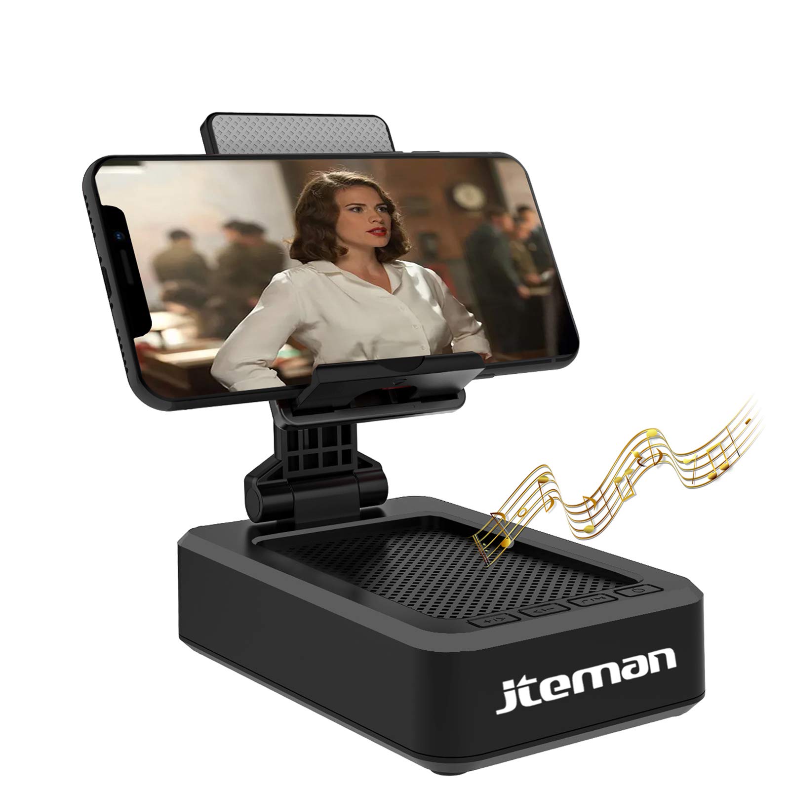  JTEMAN Stojak na telefon komórkowy z bezprzewodowym głośnikiem Bluetooth i antypoślizgową podstawą Dźwięk przestrzenny HD Idealny do domu i na zewnątrz z głośnikiem Bluetooth na biurko...