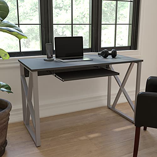 Flash Furniture Czarne biurko komputerowe z wysuwaną półką na klawiaturę i ramą ze wspornikami krzyżowymi