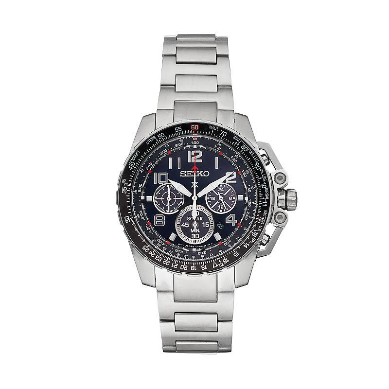 Seiko Chronograf Solarny męski zegarek ze stali nierdzewnej z czarną tarczą SSC275 firmy Watches