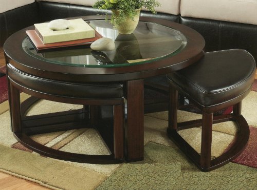 Roundhill Furniture Okrągły stolik kawowy Cylina z litego drewna i szkła z 4 stołkami