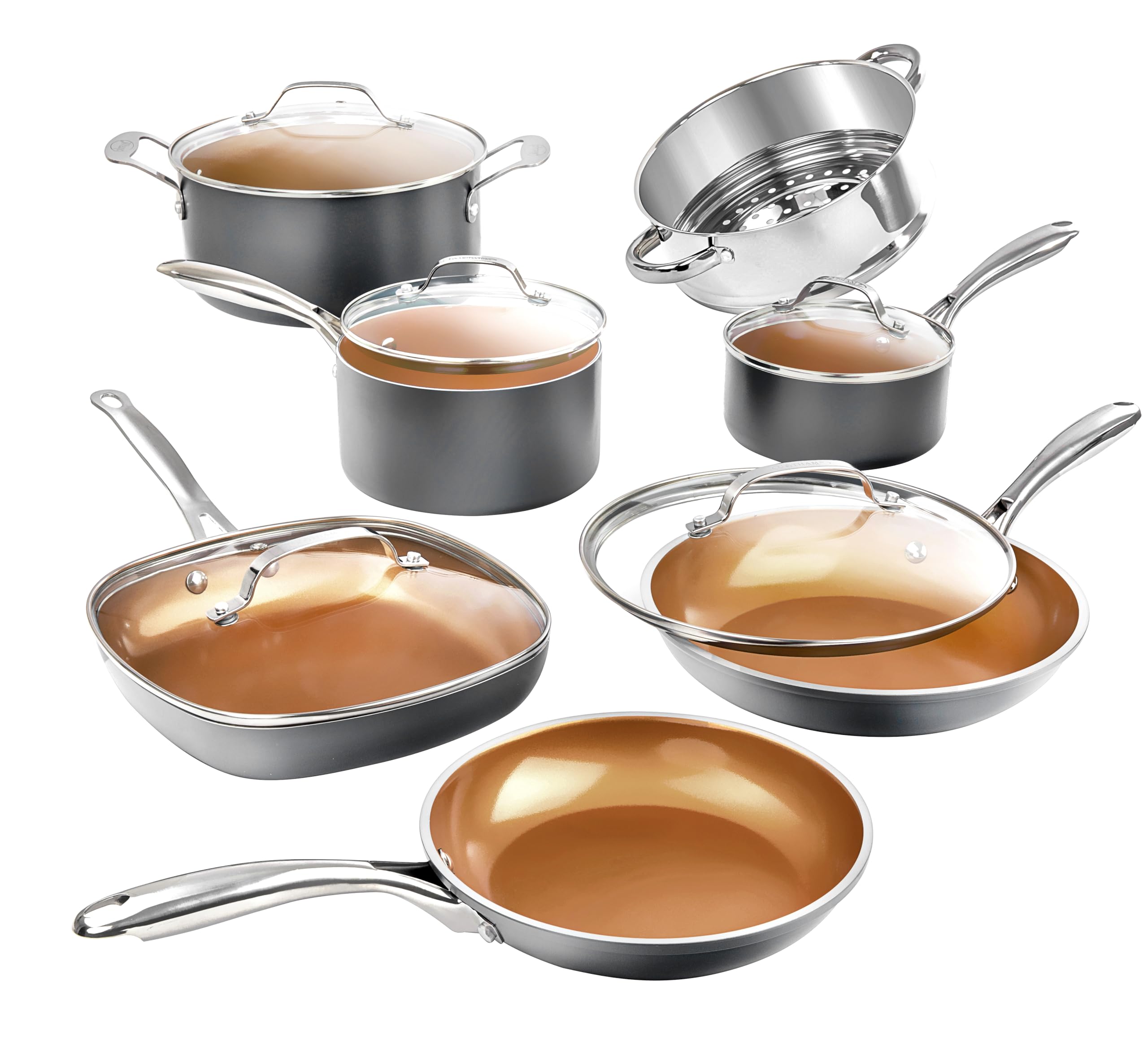 Gotham Steel Pots and Pans Set 12 Piece Cookware Set with Ultra Nonstick Ceramic Coating by Chef Daniel Green, 100% PFOA Free, Stay Cool Handles, Metal Utensil & Dishwasher Safe - 2023 Edition