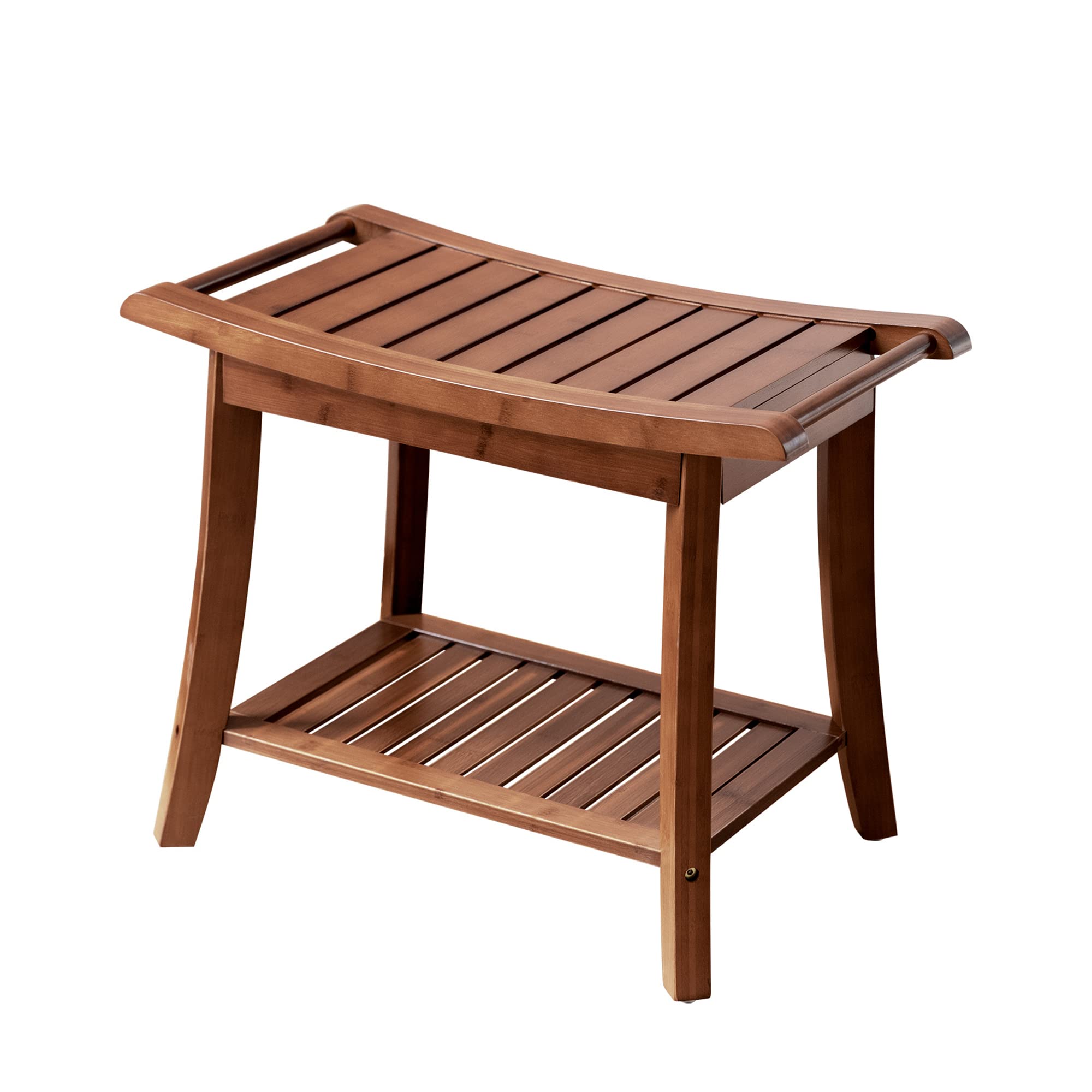 Forevich Bamboo Shower Bench Stool with Storage Shelf Waterproof Shower Chair Spa Bath Seat Excellent for Indoor Use