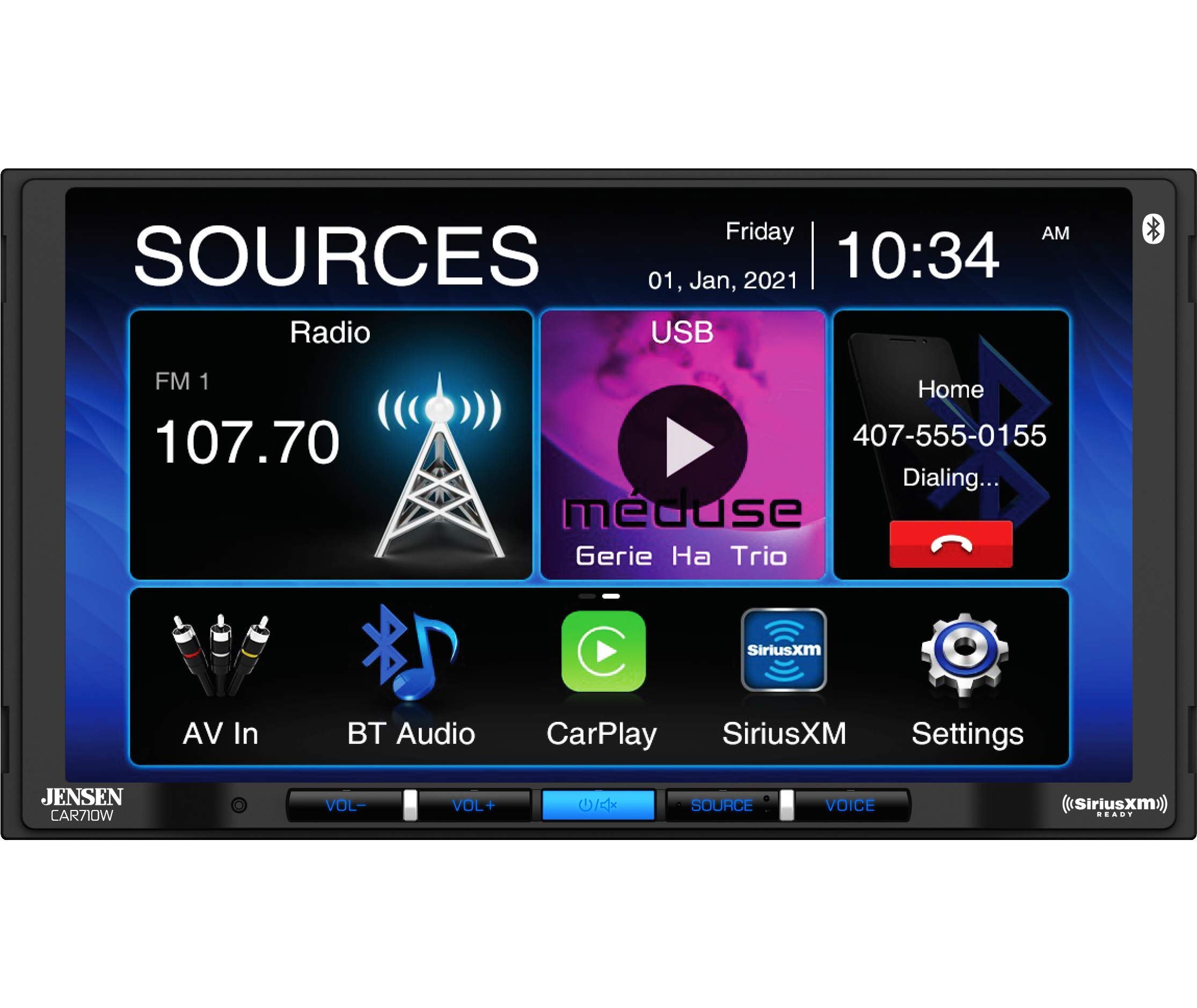 JENSEN CAR710W 7 Bezprzewodowy odbiornik multimedialny z bezprzewodową funkcją Apple CarPlay l Obsługuje urządzenia z systemem Android l SiriusXM-Ready l Wbudowany moduł Bluetooth