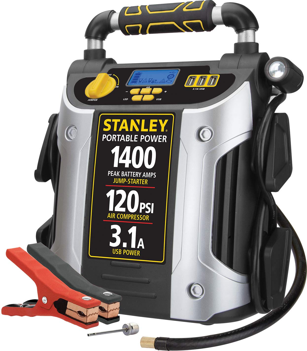 Stanley 1400 Peak Amp Automotive Jump Starter, Portable Power – Triple 15W USB Ports, 120 PSI Air Compressor