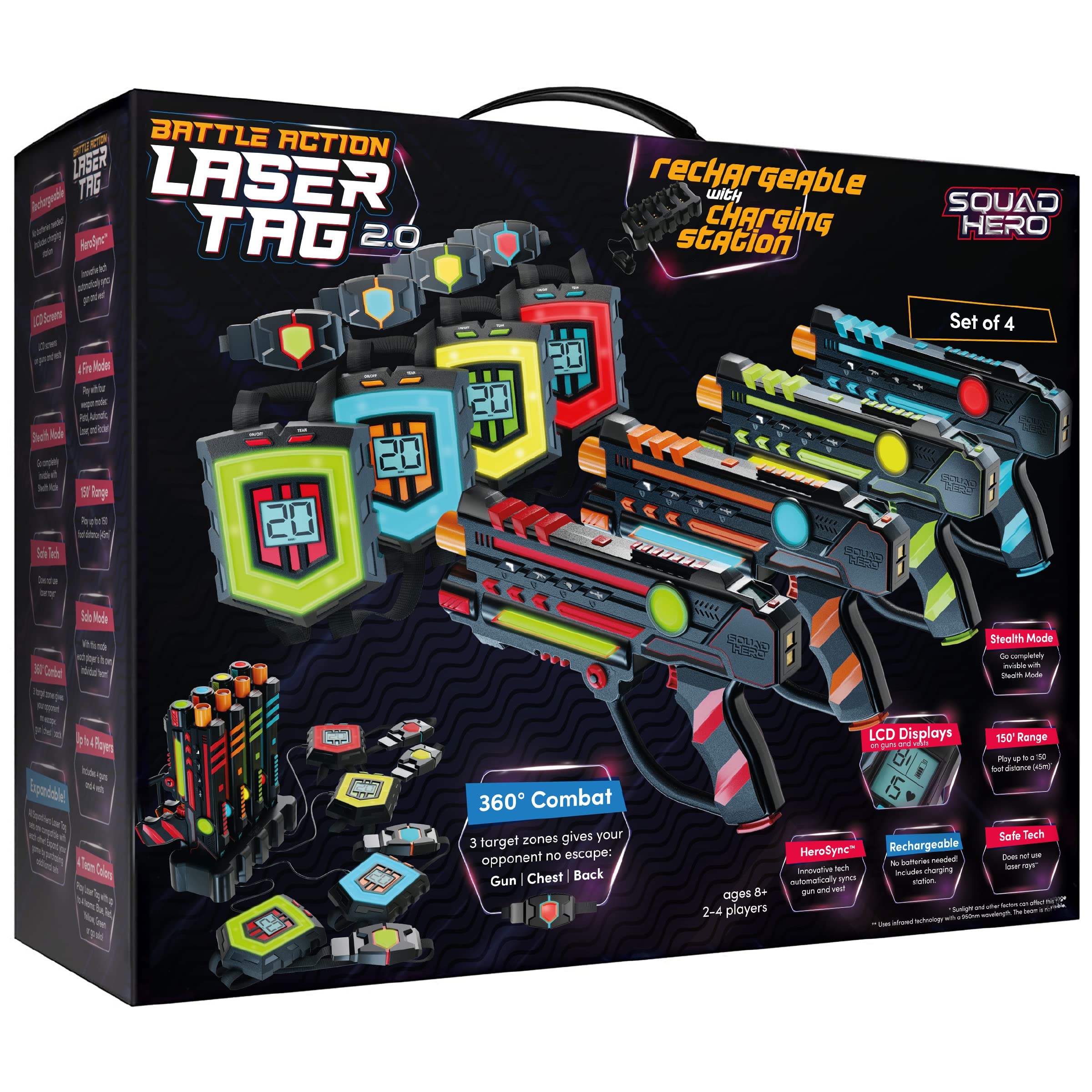  Squad Hero Laser Tag z możliwością ładowania 360 czujników + wyświetlacze LCD - Zestaw 4 sztuk - Pomysły na prezenty dla dzieci Nastolatki i dorośli Chłopcy i dziewczęta Rodzinna zabawa -...