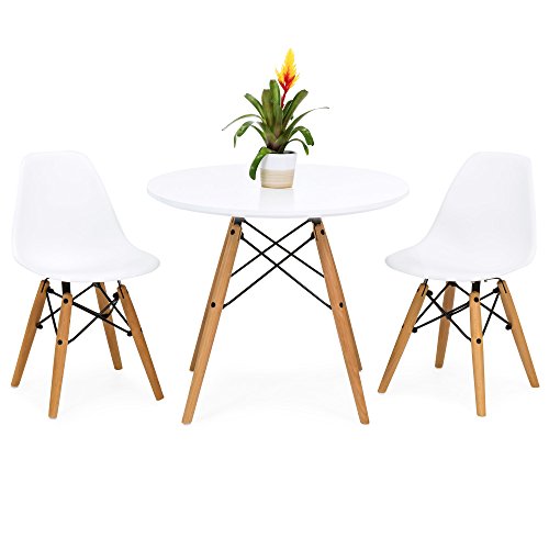 Best Choice Products Zestaw okrągłych stołów do jadalni dla dzieci z połowy stulecia i 2 krzesłami z drewnianymi nogami bez ramion – biały