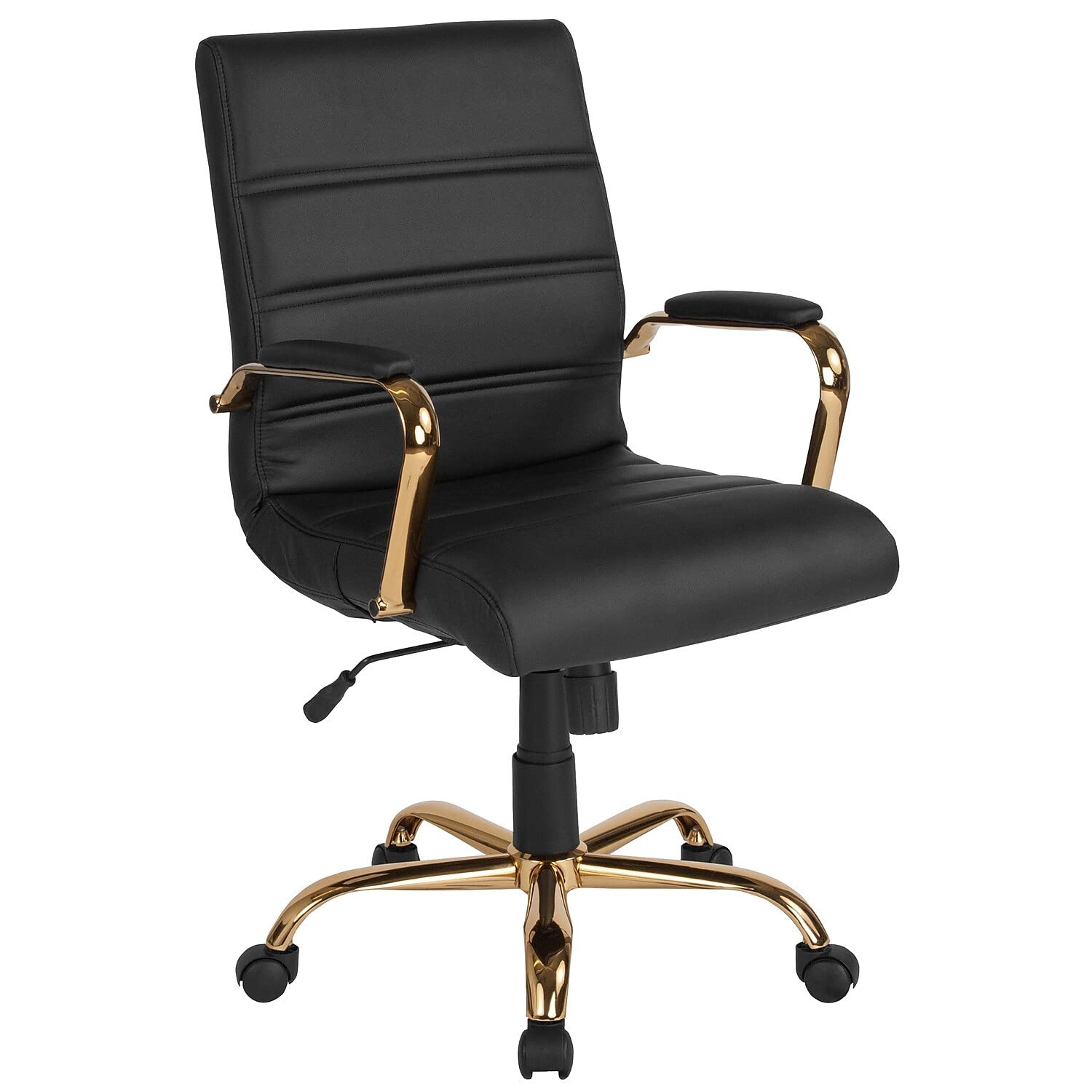 Flash Furniture Krzesło biurowe ze środkowym oparciem – czarne obrotowe krzesło biurowe LeatherSoft ze złotą ramą – krzesło obrotowe