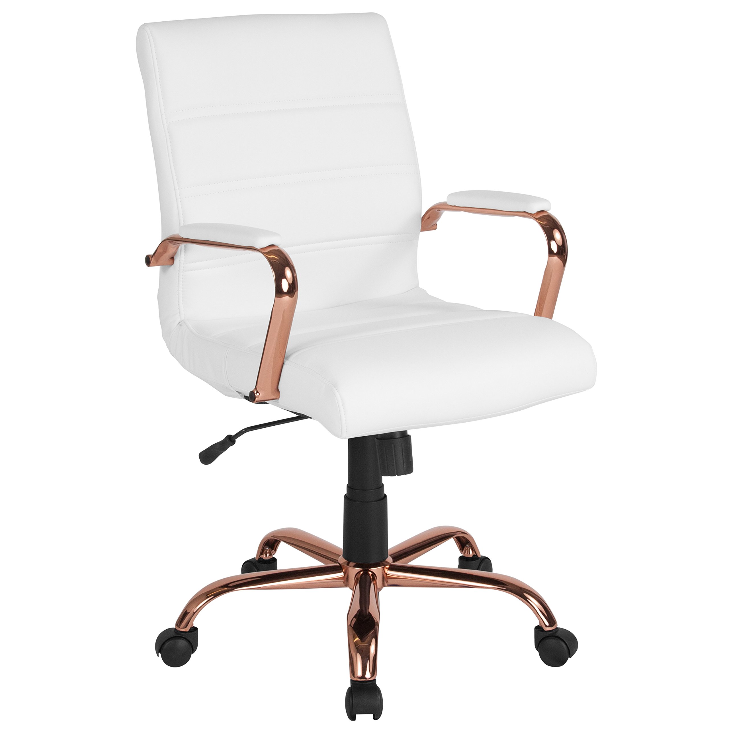 Flash Furniture Krzesło biurowe Whitney ze środkowym oparciem - Obrotowe krzesło biurowe z białej skóry i miękkiej skóry z ramą w kolorze różowego złota - Krzesło obrotowe