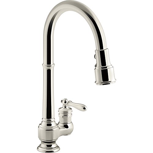 KOHLER K-99260-SN, Vibrant Polished Nickel Artifacts Single-Hole Kitchen Sink Faucet with 17-5/8 In. Pull-Down Spout and 3-Function Sprayhead, L 30.5