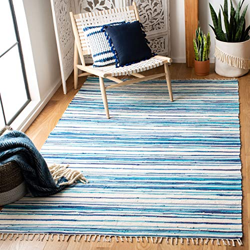 Safavieh Kolekcja dywaników szmacianych RAR126B Ręcznie tkany dywanik bawełniany o spłaszczonym splocie w kolorze kości słoniowej i niebieskiej (10 x 14 cali)