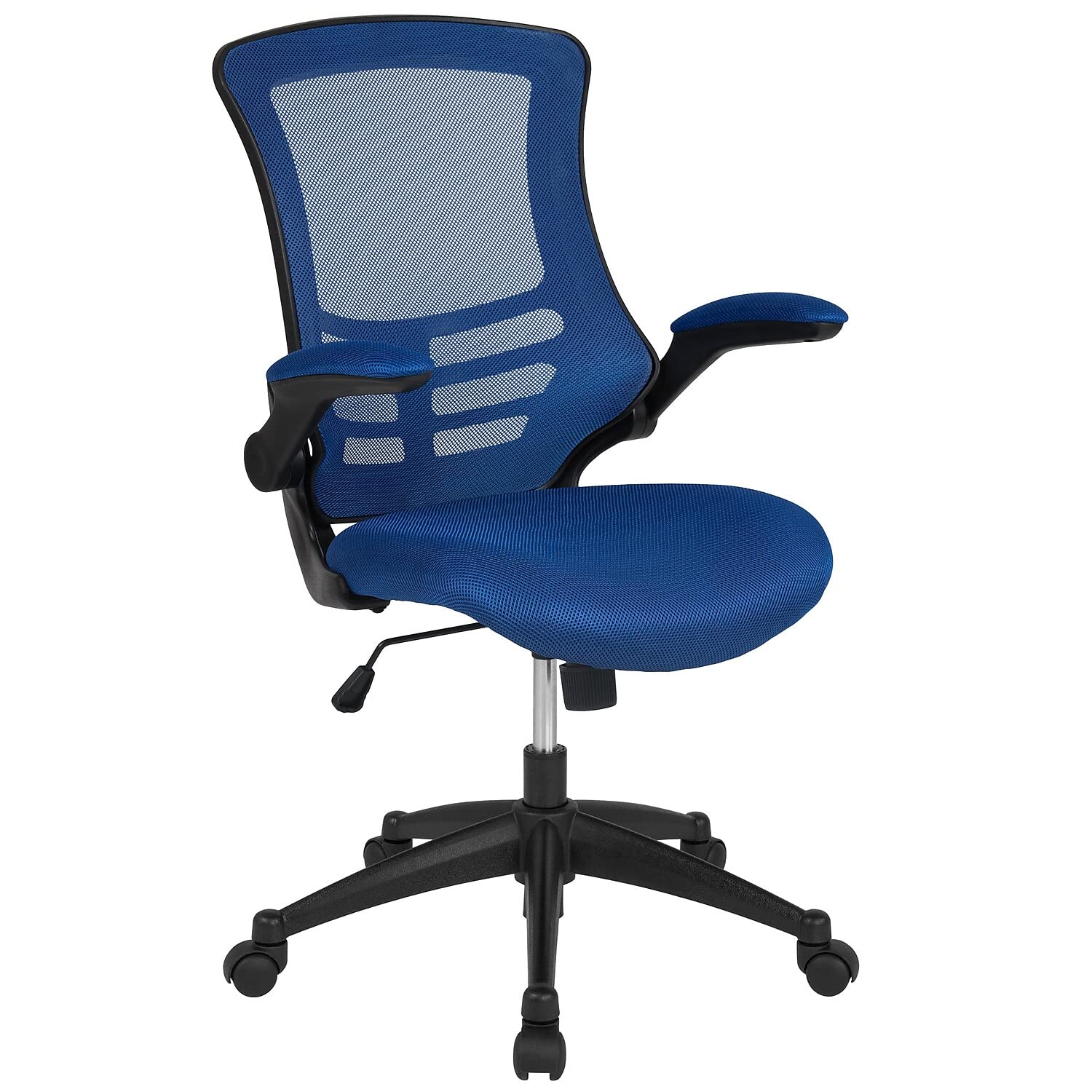 Flash Furniture Ergonomiczne krzesło biurowe obrotowe Kelista ze środkowym oparciem i niebieską siatką z podnoszonymi ramionami