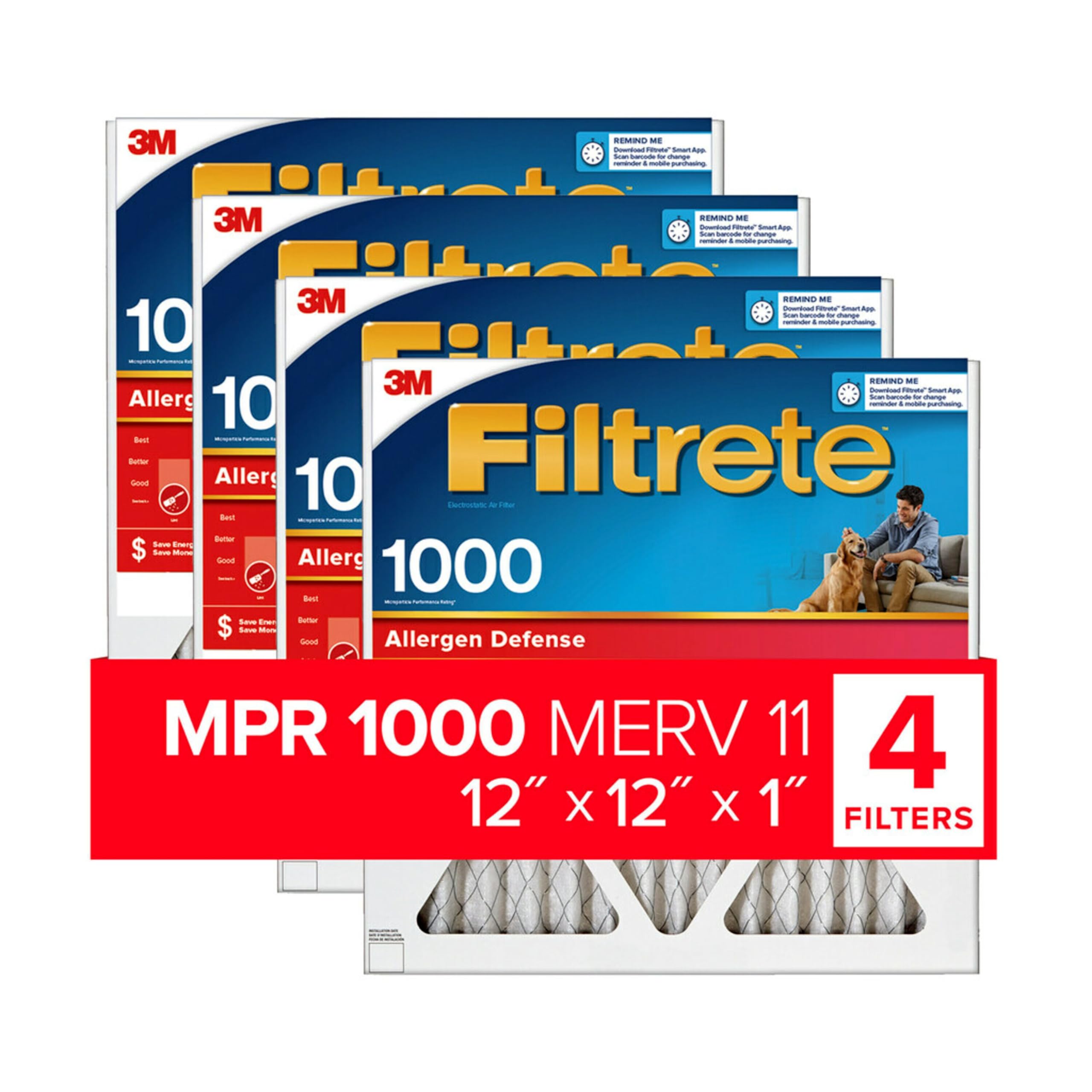 Filtrete 12x12x1 Air Filter, MPR 1000, MERV 11, Micro Allergen Defense 3-Month Pleated 1-Inch Air Filters, 4 Filters