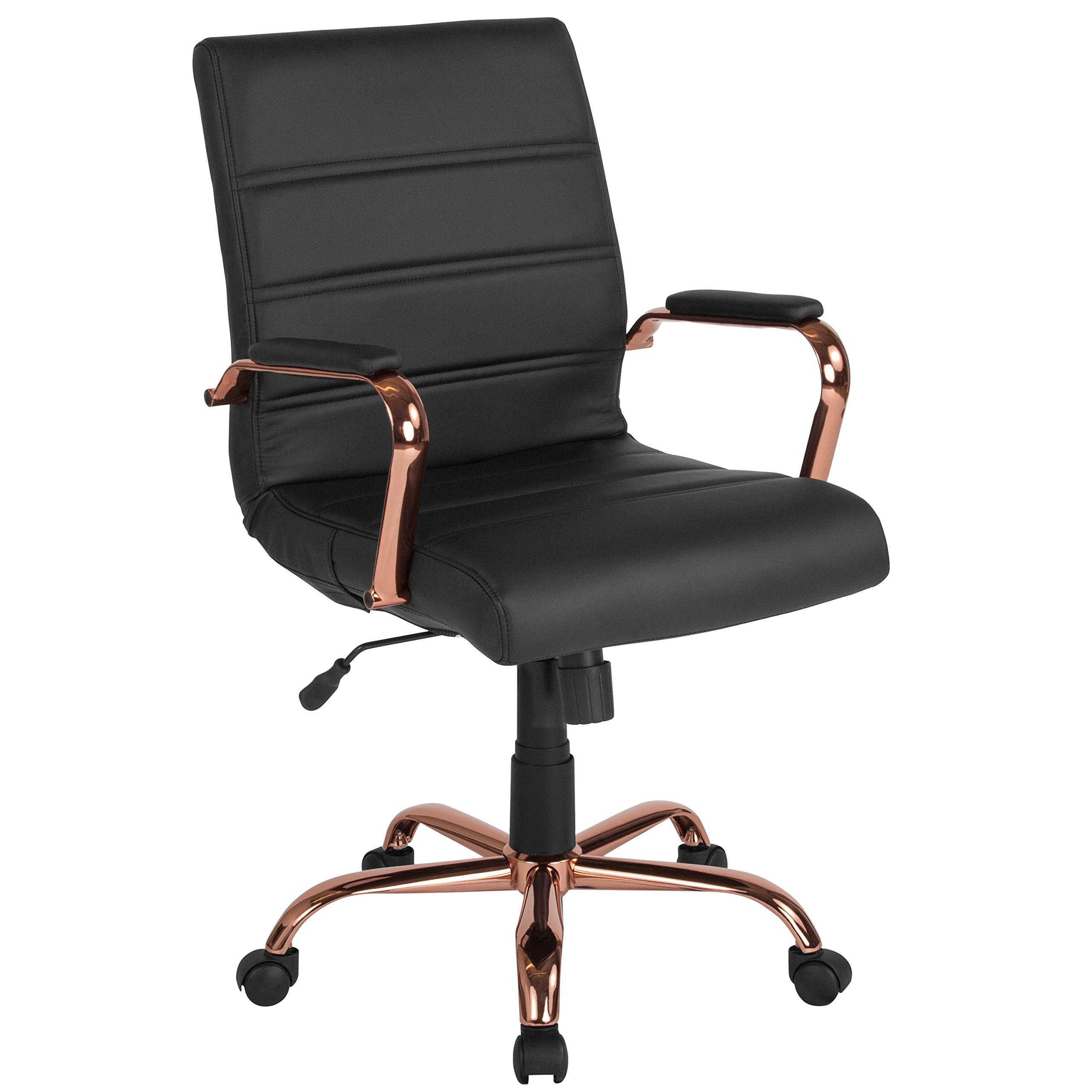 Flash Furniture Krzesło biurowe ze środkowym oparciem – czarne obrotowe krzesło biurowe LeatherSoft z ramą w kolorze różowego złota – krzesło obrotowe