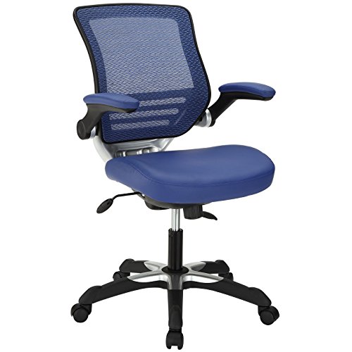 Modway Krzesło biurowe z oparciem Edge Mesh i białym siedziskiem ze skóry wegańskiej z podnoszonymi podłokietnikami – biurka komputerowe w kolorze niebieskim