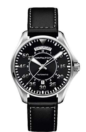 Hamilton Męski szwajcarski automatyczny zegarek na co dzień „Khaki Aviation” ze stali nierdzewnej i czarnej skóry (model: H64615735)