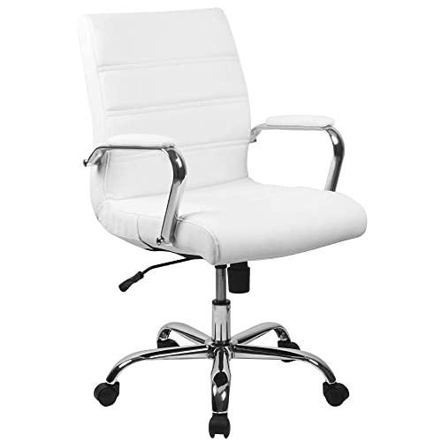 Flash Furniture Krzesło biurowe ze środkowym oparciem – białe obrotowe krzesło biurowe LeatherSoft z chromowaną ramą – krzesło obrotowe