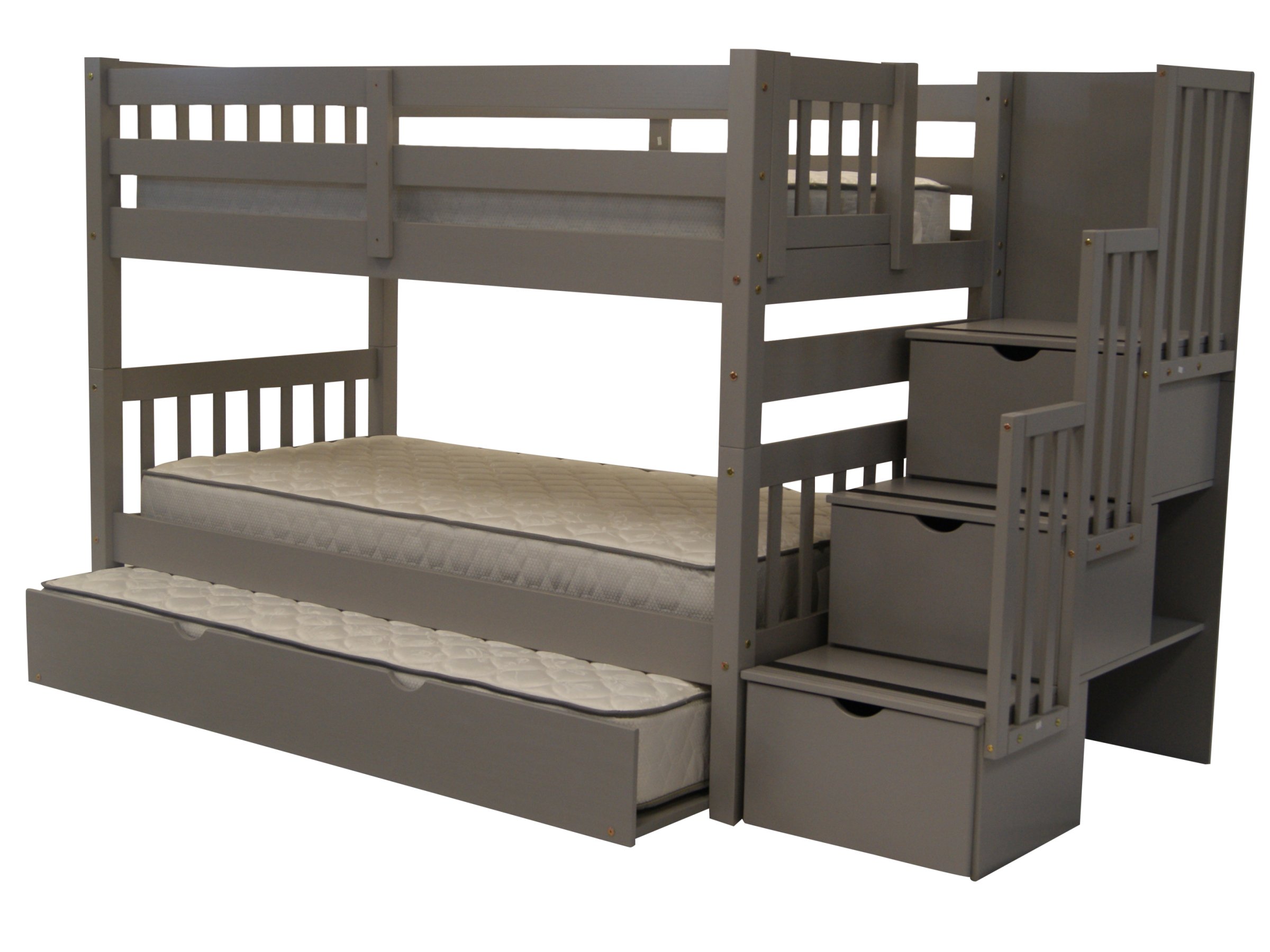 Bedz King Stairway Bunk Beds Twin over Twin with 3 Drawers in the Steps and a Twin Trundle,