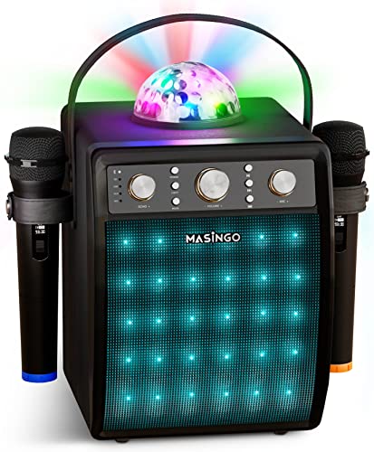  MASINGO Urządzenie do karaoke Bluetooth dla dorosłych i dzieci — przenośny zestaw do śpiewania z 2 bezprzewodowymi mikrofonami do karaoke — system głośników PA z kulą dyskotekową i oświ...