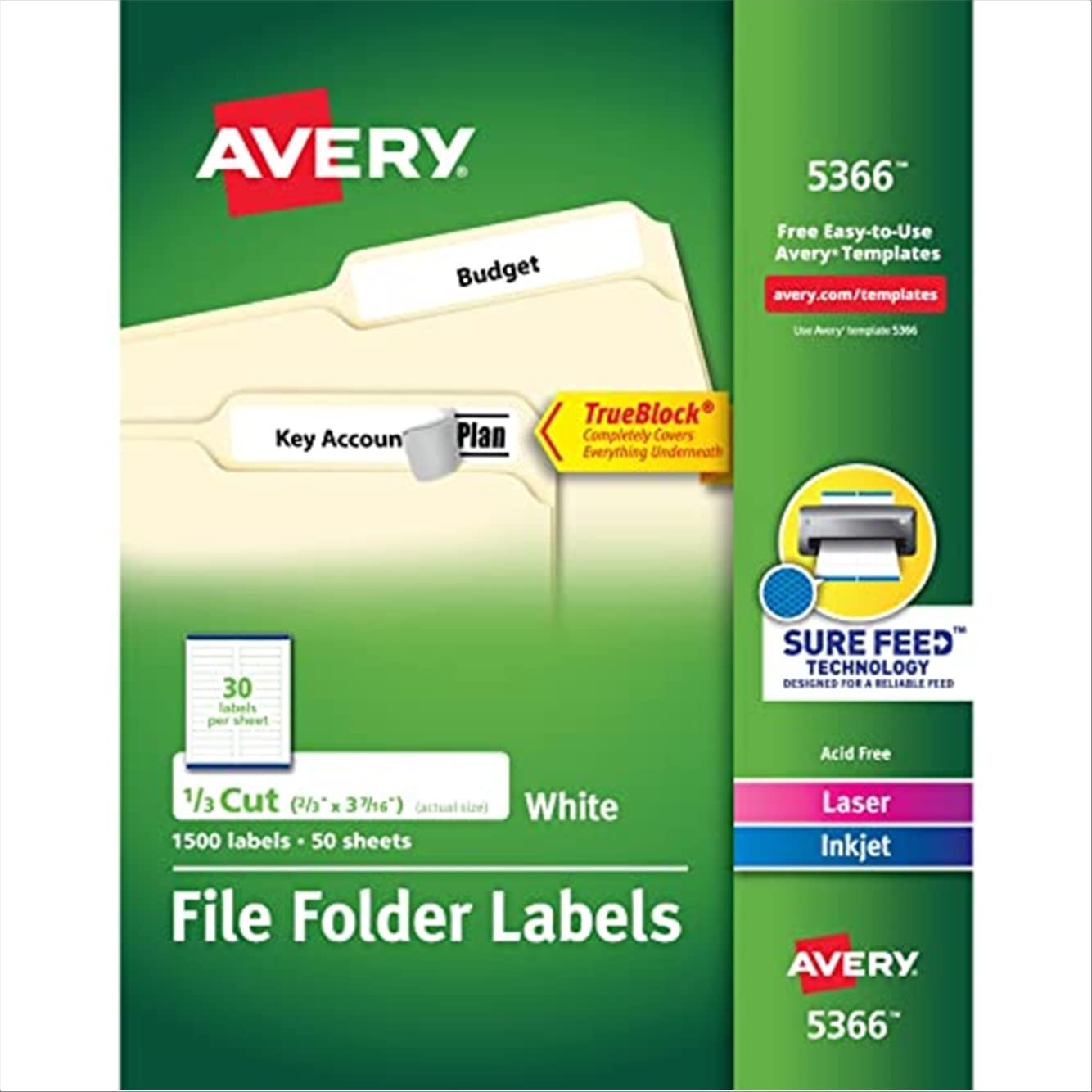Avery Etykiety do segregatorów plików do drukarek laserowych i atramentowych z technologią TrueBlock