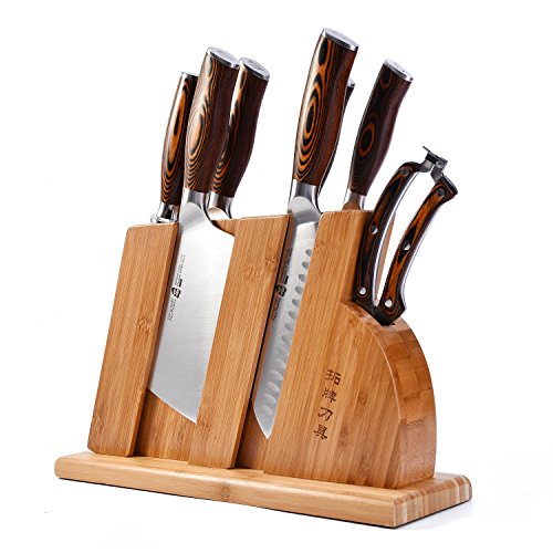 TUO Cutlery Zestaw noży kuchennych TUO z drewnianym blokiem - kuta niemiecka stal X50CrMoV15 - uchwyt z drewna Pakka - seria Fiery Phonex - zestaw 8 noży - TC0710