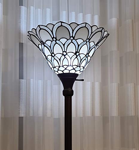  Amora Lighting Lampa podłogowa w stylu Tiffany Torchiere stojąca paw 72 'wysoki klosz witrażowy biały antyczne oświetlenie w stylu vintage sypialnia salon czytanie antyczny prezent w stylu vintage...