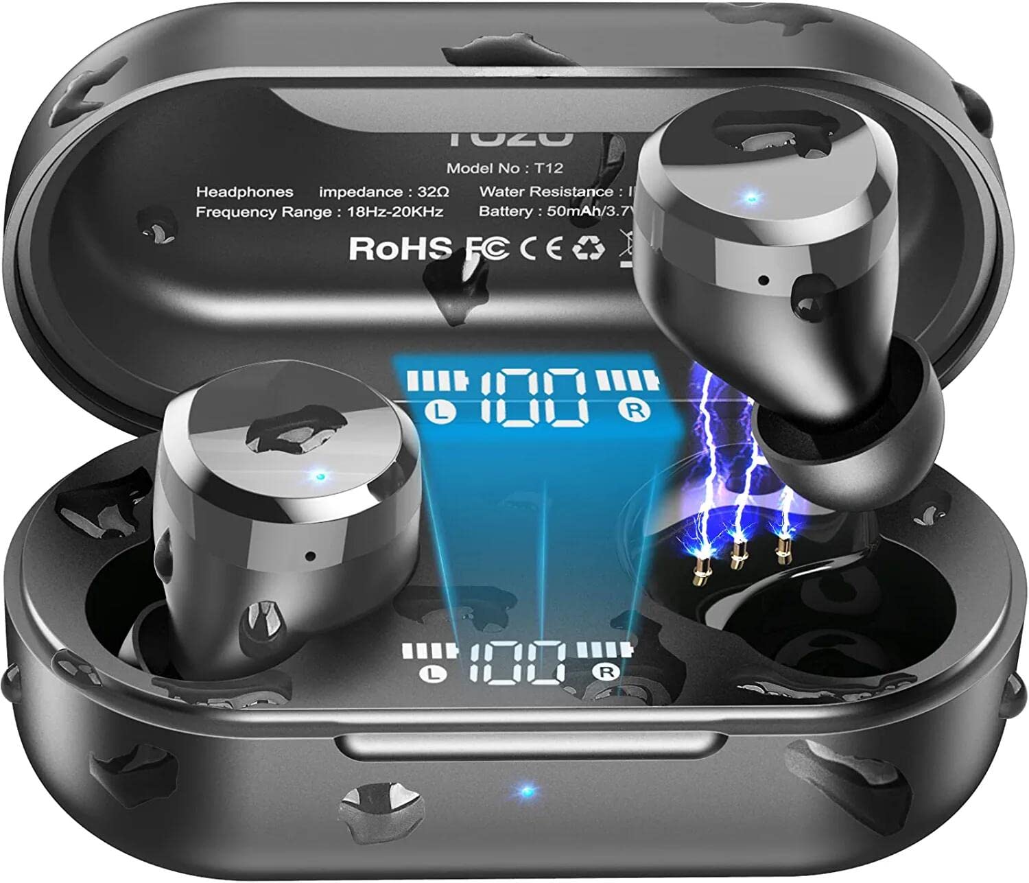  TOZO T12 2022 Bezprzewodowe słuchawki douszne Słuchawki Bluetooth 5.3 Najwyższa jakość dźwięku Sterowanie dotykowe Cyfrowy wyświetlacz LED Bezprzewodowe etui z funkcją ładowania Słuchawki...