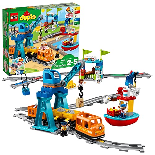 LEGO DUPLO Town Cargo Train Set 10875 with Sound & Light, Direction & Stop Action Bricks, Push & Go Motor and Moving Crane Toy, Gifts for 2-5 Year Old Kids, Boys & Girls